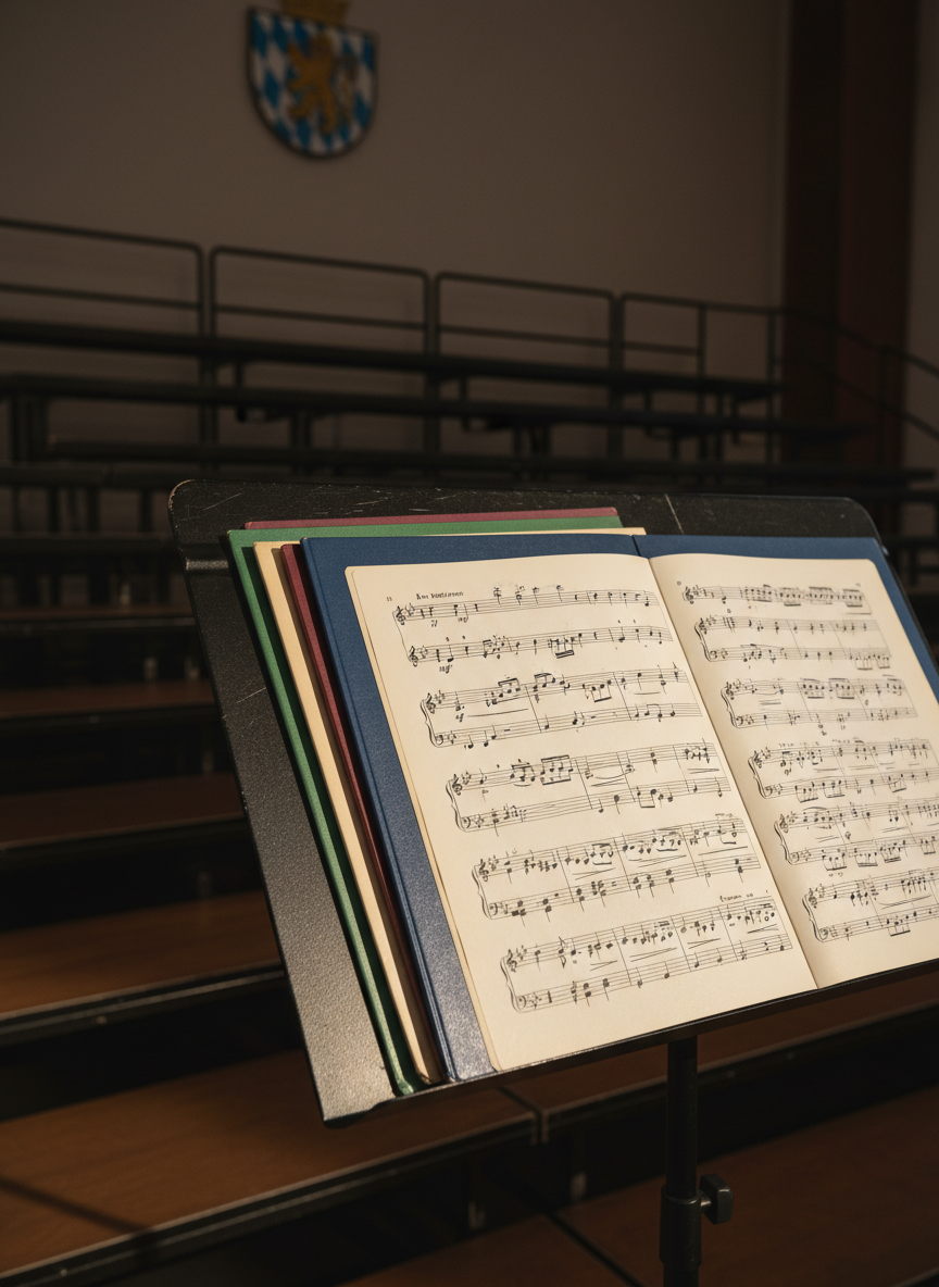 A close-up, eye-level photograph of a meticulously arranged choral music stand, symbolizing professional choir work. The sturdy black stand holds several neatly stacked music folders in subtle, varied colors, their spines worn from frequent volunteer rehearsals. The top folder lies open to a dense page of SATB choral notation, bars and notes crisp but no readable lyrics. In the softly blurred background, rows of empty choir risers and a suggestion of a Bavarian village coat of arms on the wall hint at a nonprofit community setting. Warm, directional side lighting from unseen windows creates gentle highlights on the paper and stand edges, producing an intimate, concentrated atmosphere.