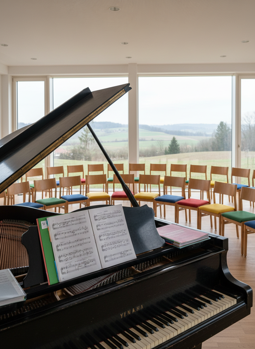 A bright rehearsal room in a village cultural center, photographed with clean, modern realism. In the foreground, a well‑used black grand piano with a slightly open lid reveals glossy strings, and a few open choral folders rest on its polished surface, pages full of musical notation without readable text. Around the room, neatly arranged empty choir chairs with colored cushions suggest multiple voice groups. Large windows reveal a soft, overcast Günzburg countryside, filling the space with diffused natural light and subtle reflections on the floor. Captured from a slightly elevated angle with sharp focus throughout, the atmosphere feels focused yet welcoming, emphasizing community, preparation, and volunteer spirit.