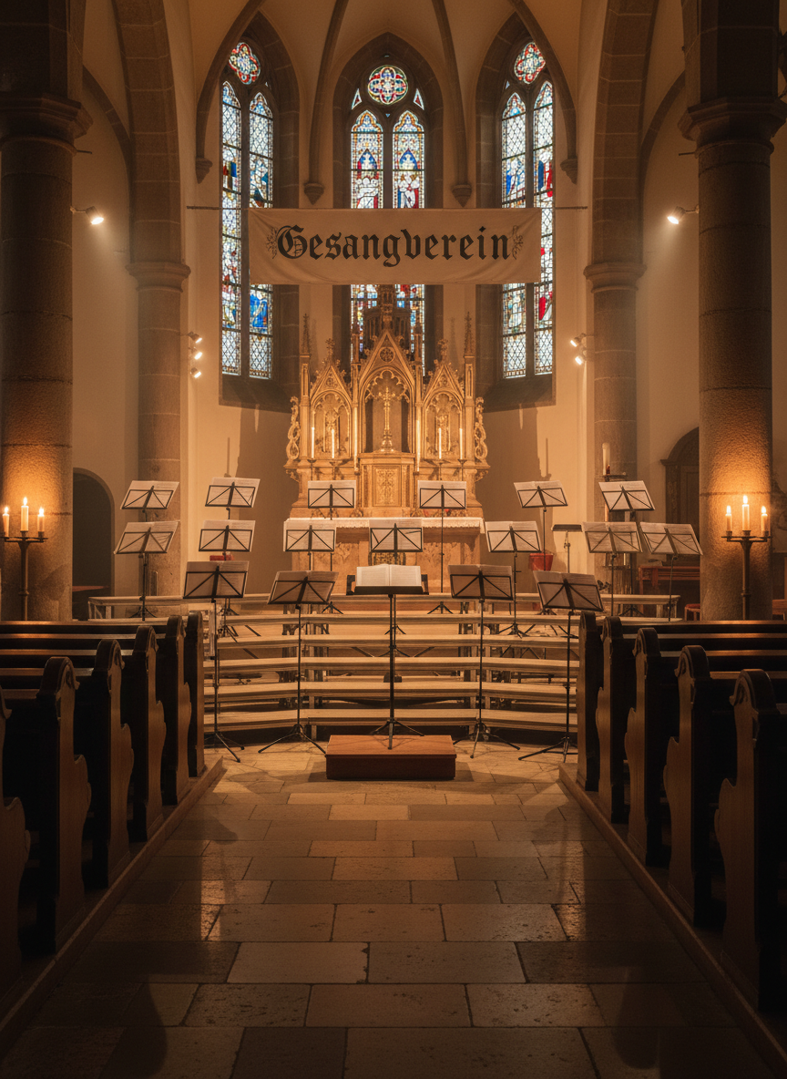 An atmospheric evening concert setup inside a historic village church near Günzburg, rendered in photographic realism. The nave is filled not with people but with empty, carefully aligned choir risers in front of the altar, music stands holding open scores, and a central conductor’s podium. Candles and discreet overhead fixtures combine to bathe the stone columns, wooden pews, and sheet music in a warm golden glow, creating long, soft shadows along the floor. A banner in the background uses German-style typography without legible words, subtly indicating a local Gesangverein event. Shot from the back of the church at eye level with a slight telephoto compression, the mood is reverent, festive, and musically focused.
