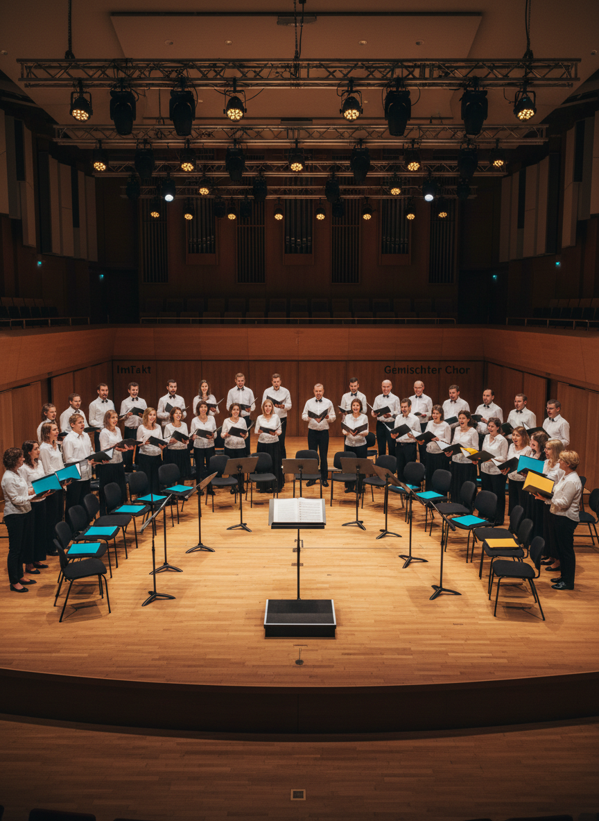 Two separate choir areas in the same hall, photographed in realistic detail to symbolize the ImTakt and Gemischter Chor. On the left, a curved row of modern black choir chairs with matching folders in a uniform color; on the right, a mirrored arrangement with folders in a contrasting hue, hinting at two ensembles within one association. Between them stands a simple black conductor’s stand with a large open score full of staves. Overhead, warm LED spotlights create a balanced, professional glow across the space. Shot from a centered, slightly elevated perspective, the composition is symmetrical yet dynamic, conveying structure, collaboration, and the dual-choir identity of the Gesangverein Rettenbach.