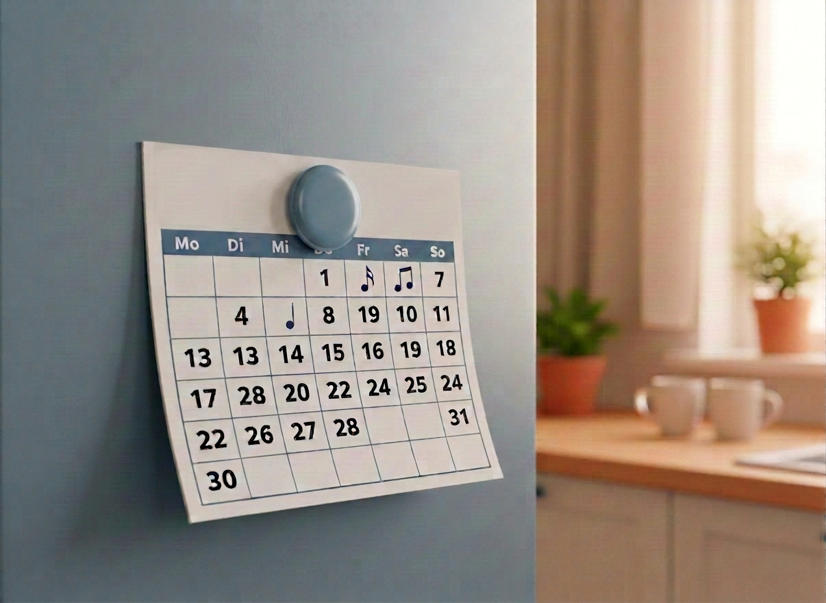 A clipart-style illustration of a monthly calendar pinned to a refrigerator with a magnet. The calendar has a classic table layout with 7 columns labeled Mo, Di, Mi, Do, Fr, Sa, So. The header says "Chor-Termine" in bold. The overall color scheme uses deep navy blue and steel blue tones (no orange). The Tuesday column (Di) has musical eighth note pairs (♫) randomly distributed in different cells — not every cell, just some — while all other cells show day numbers (1–31). The Monday column (Mo) has BLACK text (not red). The calendar looks 3D as if physically pinned to a refrigerator door with a small round magnet. Cozy kitchen background visible around the fridge. Clean clipart illustration style.